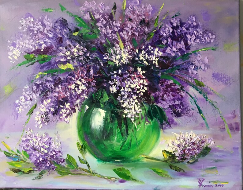 Green Vase of Purple Lilacs Oil Painting on Canvas 40cm X Etsy