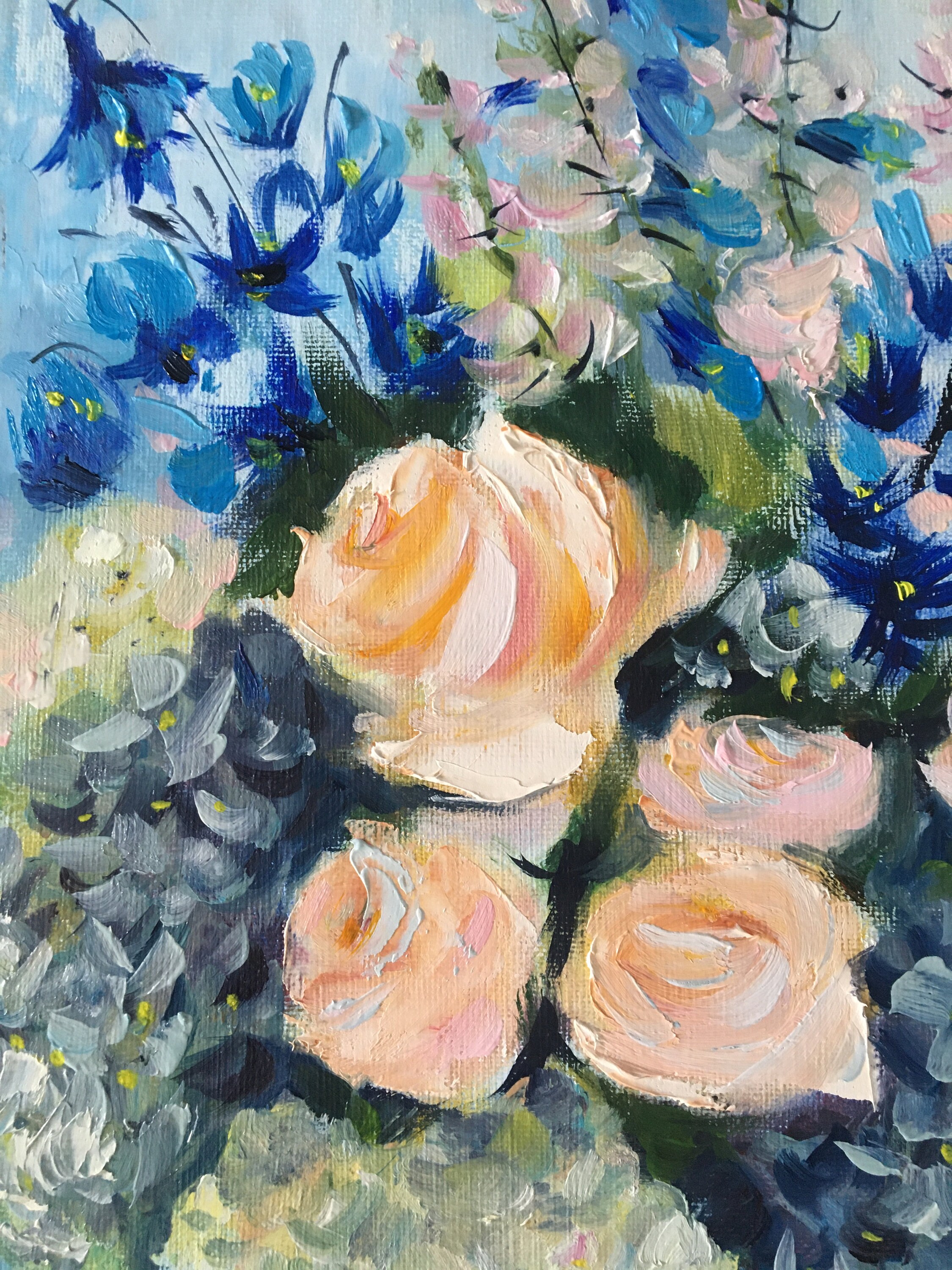 青い花瓶に入った花束の油絵、色とりどりの花、手作りアート 青い花瓶に入った花束の油絵、色とりどりの花、手作りアート