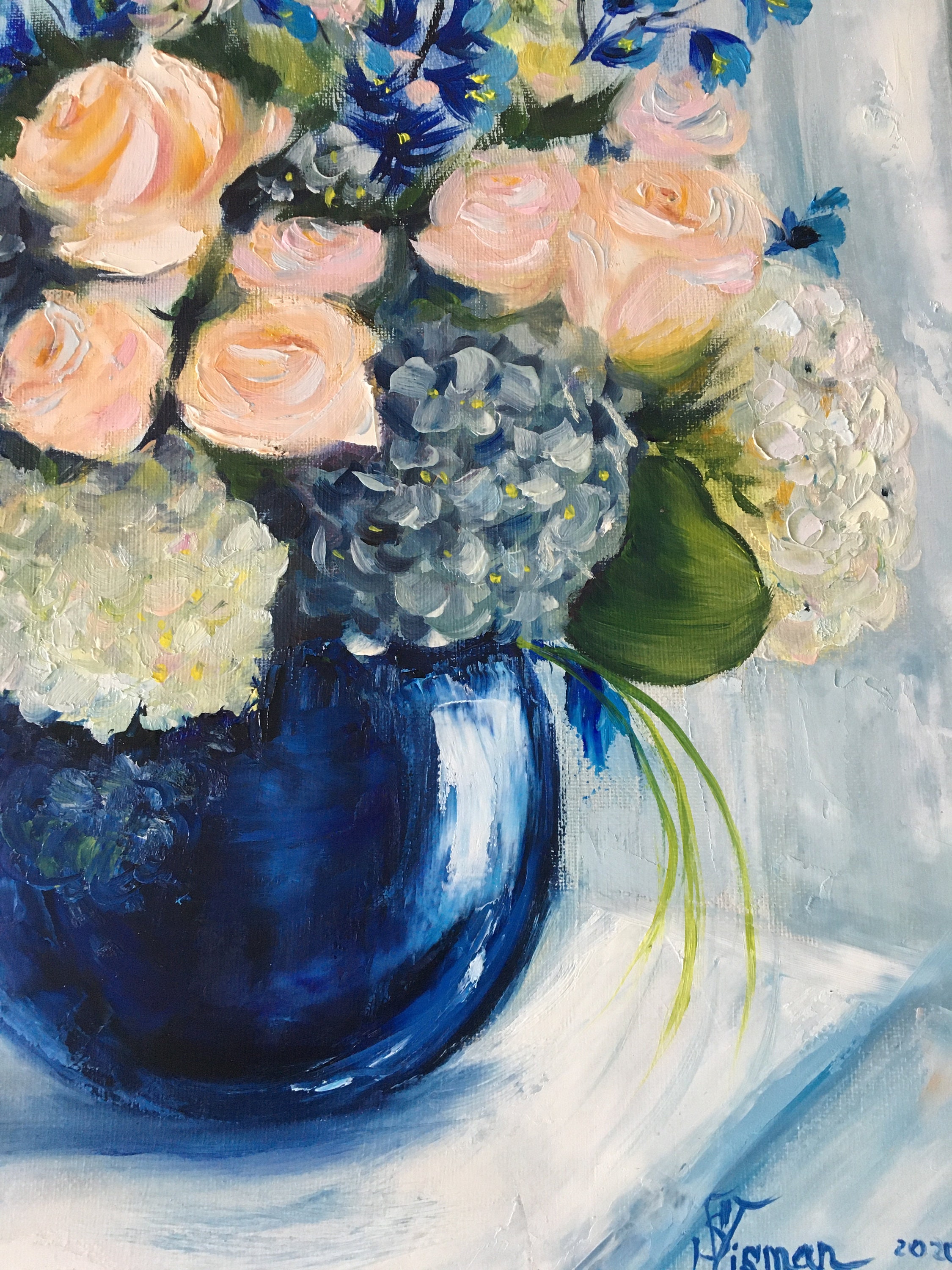 青い花瓶に入った花束の油絵、色とりどりの花、手作りアート