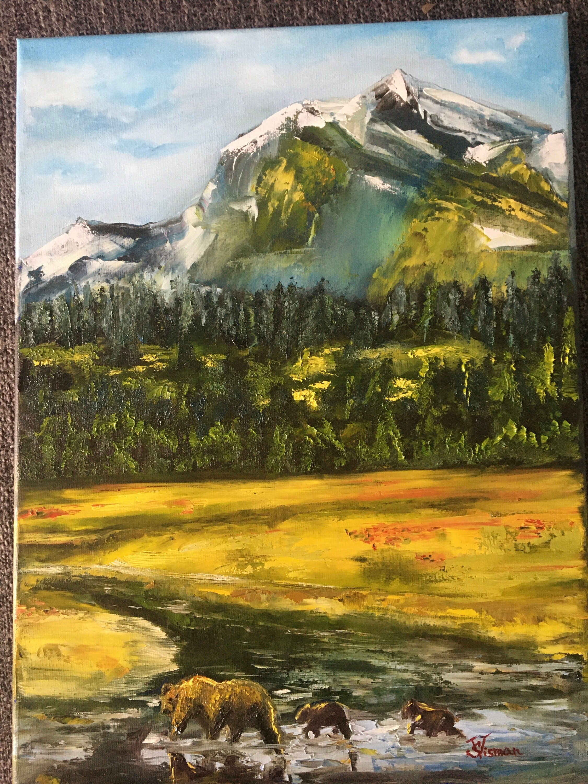 Bears and mountainsoil painting on stretched canvas | Etsy