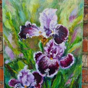 Pintura al óleo original de Iris: Arte floral violeta púrpura