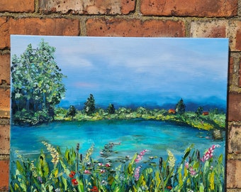 Evocative Landscape Custom Oil Painting on Canvas,present for friend,oil painting pond,wild flowers near the pond,beautiful flowers, trees