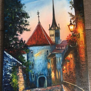 Cidade velha, pintura a óleo, decoração de parede, presente para amigo, azul e laranja, pôr do sol da cidade, tela de algodão, tapeçaria, flores na cesta, presente