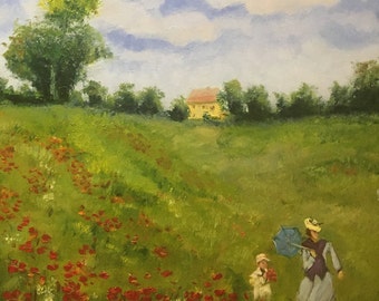 Champ de coquelicots près d'Argenteuill peinture. Belles couleurs vives.Peinture à l'huile sur toile tendue 50cmx60cm,coquelicot rouge,décoration murale,idées cadeaux