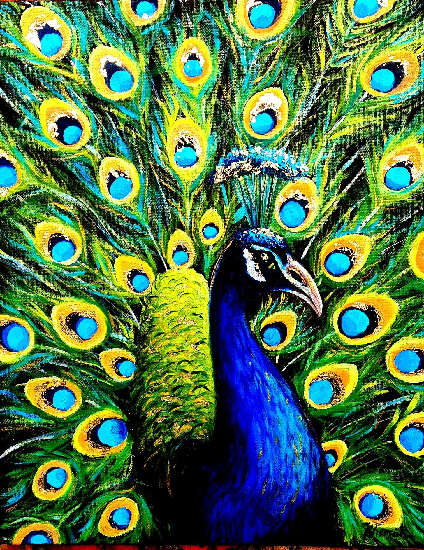 ★Original ART  ‘Peacock’ Peacock, Original Oil Painting: Green & Blue Bird Wall Art
