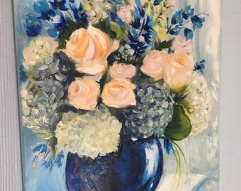 青い花瓶に入った花束の油絵、色とりどりの花、手作りアート