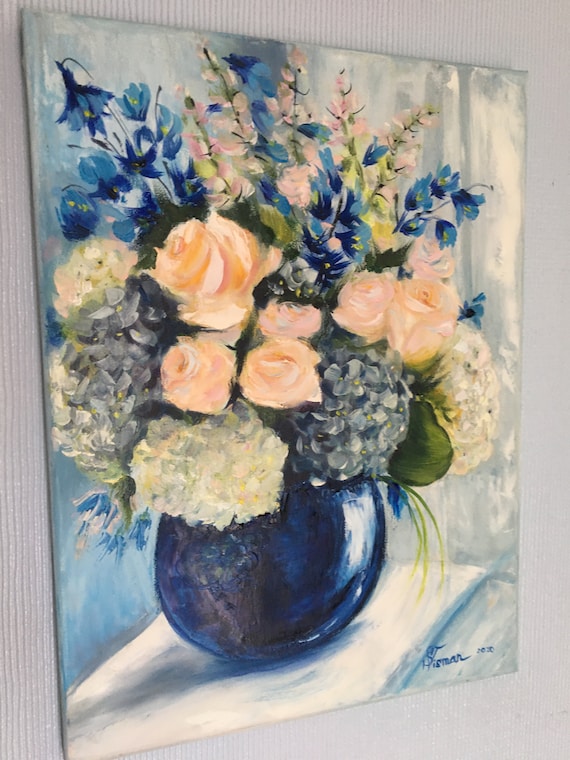 青い花瓶に入った花束の油絵、色とりどりの花、手作りアート