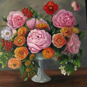 Ramo de flores rosas y naranjas, pintura al óleo sobre lienzo estirado 40 cm x 40 cm, pintura floral original, peonías rosas, flores naranjas