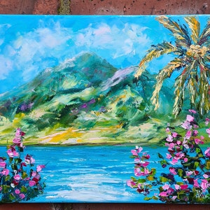 Pintura al óleo original de playa: arte abstracto colorido del paisaje marino, regalo