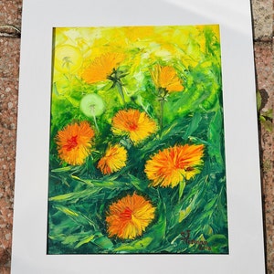 Pittura del dente di leone, pittura ad olio floreale su carta, soffici denti di leone gialli, olio, pittura, decorazione della parete, attaccatura di parete, pittura floreale, prato