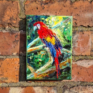Red and Blue Parrot Oil Painting: Pet Lover Art (13cm x 18cm)