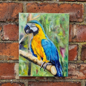 Parrot oil painting, original oil painting on stretched canvas  26cm x 20.5cm ,birds painting, wall deco ,bird painting ,blue parrot