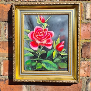 Rosas rosadas, pintura al óleo sobre lienzo, rosas y arte, decoración de pared, regalo para un amigo, naranja y amarillo, regalo de boda, arte moderno, ideas de regalo