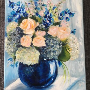 Bouquet in a blue vase oil painting, colourful flowers, handmade art, original art, canvas art, roses, gift, wall art, oil painting flowers