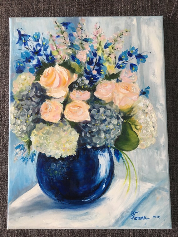 青い花瓶に入った花束の油絵、色とりどりの花、手作りアート 青い花瓶に入った花束の油絵、色とりどりの花、手作りアート