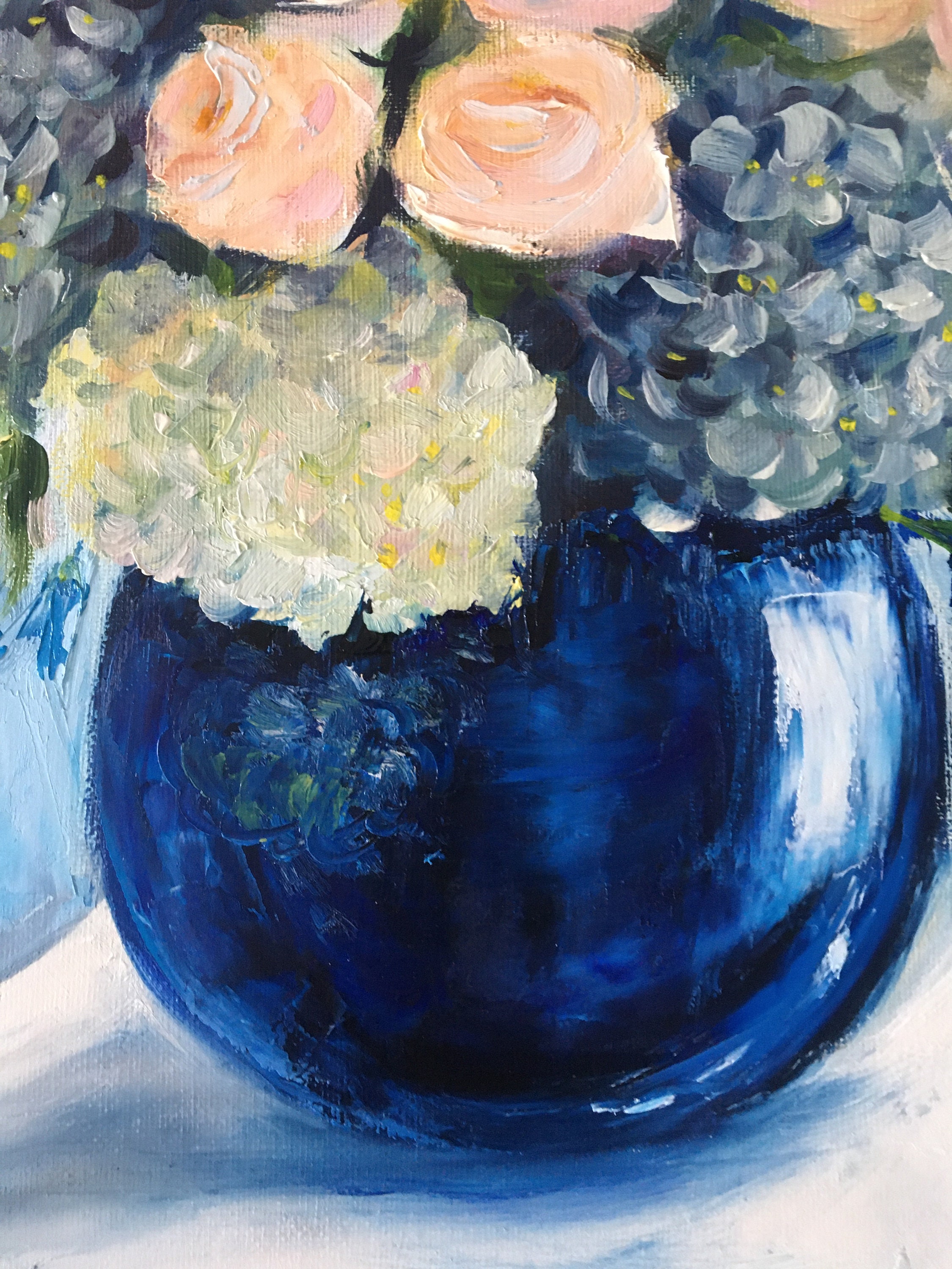 青い花瓶に入った花束の油絵、色とりどりの花、手作りアート 青い花瓶に入った花束の油絵、色とりどりの花、手作りアート