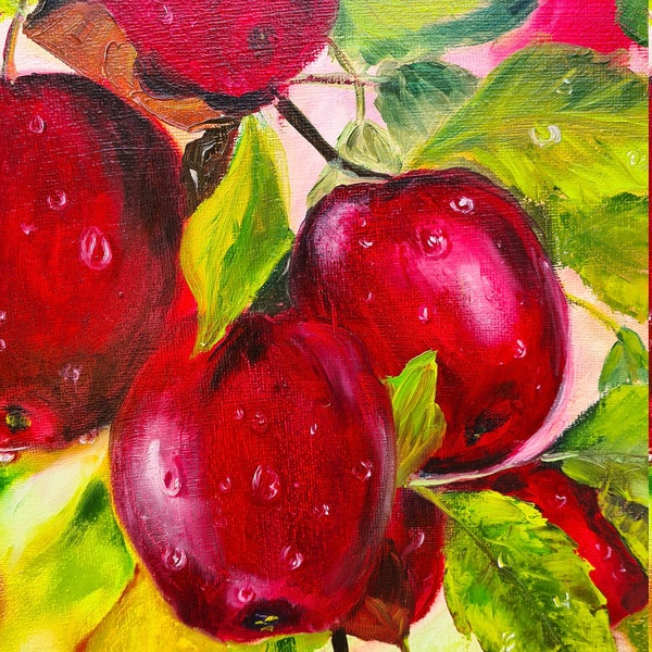 Pommier rouge, peinture à l’huile originale 50cmx40cm, fait à la main, décoration murale, idée cadeau, décoration de cuisine, pomme, peinture à l’huile pomme, vert