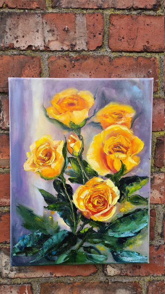 Yellow Roses Original Oil Painting on Canvas, Roses and Art