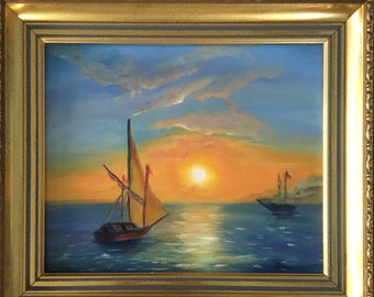 Boat Oil Painting , Romantic Art ,Sunset Wall Art , Home Decor, Oil Painting ,Boat at Sunset, Painting Abstract, Sunset Artwork ,Gift