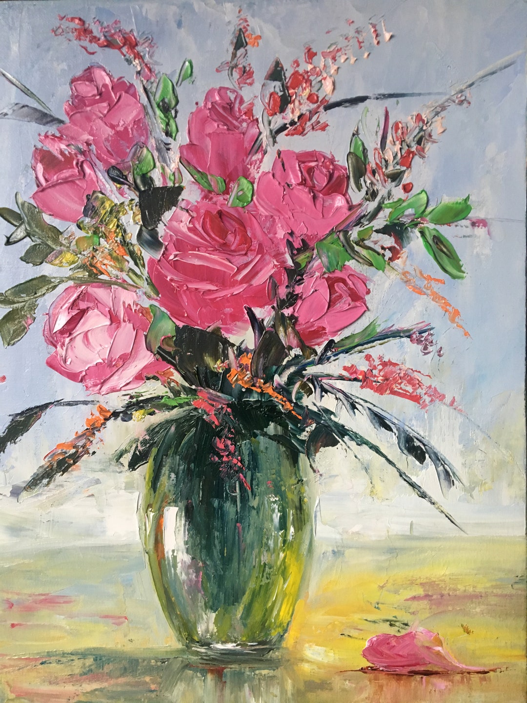 Pink Roses in a Glass Vase Red Roses floral Painting - Etsy