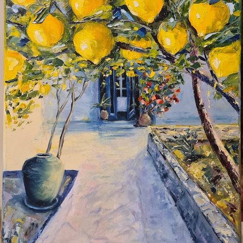 青い花瓶に入った花束の油絵、色とりどりの花、手作りアート 青い花瓶に入った花束の油絵、色とりどりの花、手作りアート