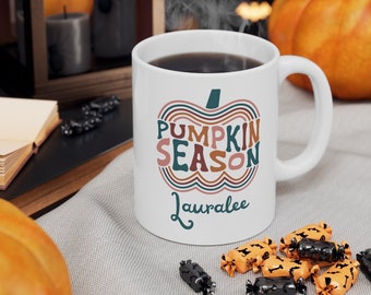 Pumpkin Season Personalized Ceramic Mug 11oz,  Custom Fall Mug, Pumpkin Lovers Gift, Coffee Cup, Latte Mug, Coworker Gift, Vintage Retro