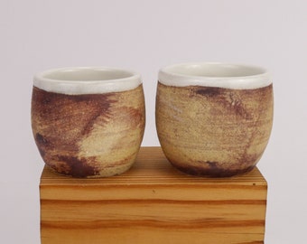 Expresso cups a set of two to fit your hand, contoured shape cream stoneware with white liner glaze, Wedding Gift, House Warming Gift