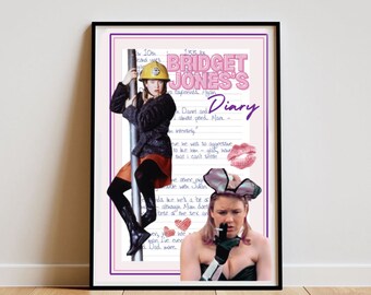 Può includere: Un poster rosa e viola con un collage di immagini dal film Il diario di Bridget Jones. Il poster presenta una voce di diario scritta a mano con il titolo "Il diario di Bridget Jones" e immagini di Renée Zellweger nei panni di Bridget Jones in diverse scene del film.