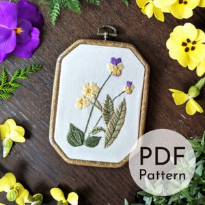 February (Violet & Primrose) Birth Flower Embroidery Pattern - Digital Download PDF - Beginner Winter Floral Embroidery Guide/ Tutorial