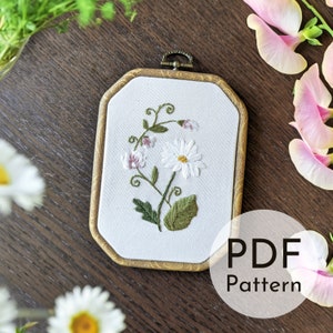 April (Daisy & Sweet Pea) Birth Flower Embroidery Pattern (Digital Download PDF) Beginner Spring Floral Embroidery Guide/Tutorial