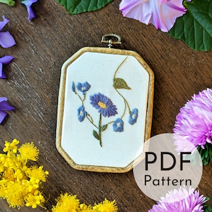 9 月の誕生花の刺繍デザイン、アスターとアサガオ、デジタル ダウンロード PDF、初心者向け夏の花の刺繍パターン