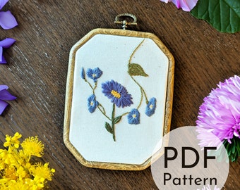 Diseño de bordado de flores de nacimiento de septiembre, Aster y Morning Glory, Descarga digital PDF, Patrón de bordado floral de verano para principiantes