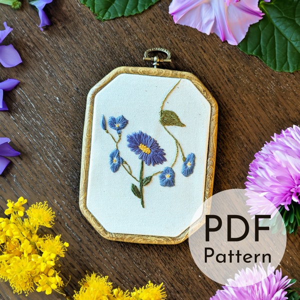 September Birth Flower Embroidery Design, Aster and Morning Glory, Digital Download PDF, Summer Floral Embroidery Pattern for Beginners