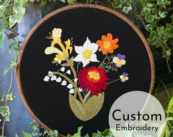 Arte bordado de flores de nacimiento personalizado, arte de ramo familiar personalizado, regalo hecho a mano para mamá, abuela, aniversario, retrato familiar único