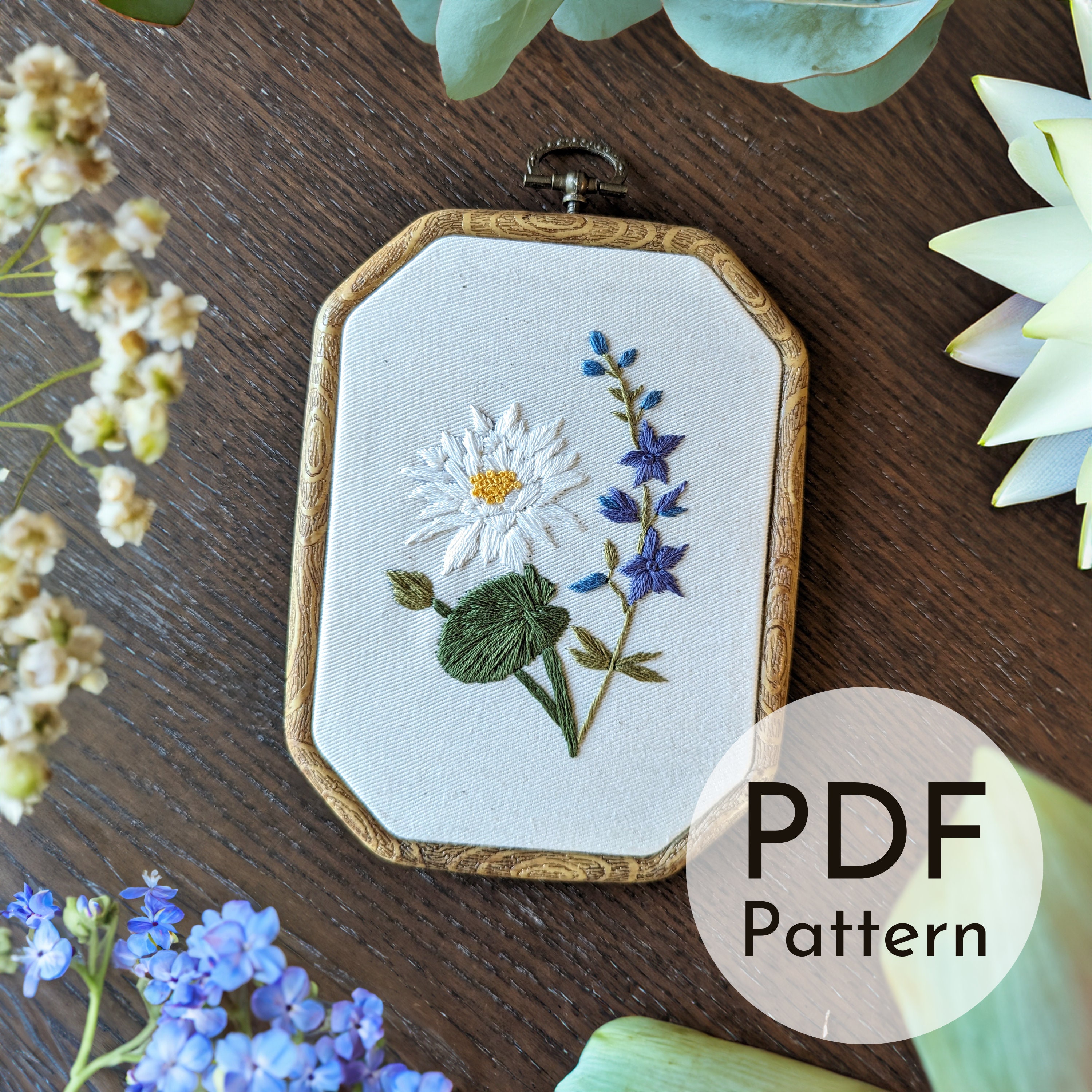 July (water Lily & Larkspur) Birth Flower Embroidery Pattern 