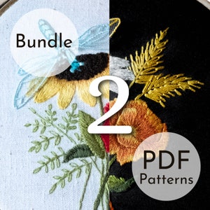 May include: An image split in two, displaying two embroidered floral designs. One side shows a sunflower and dragonfly, the other side has a bouquet of flowers. Text reads "Bundle" and "2 PDF Patterns".