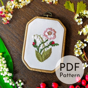 May Birth Flower Embroidery Pattern Digital Download PDF Beginner Embroidery Spring Floral Lily of the Valley Hawthorn Flowers