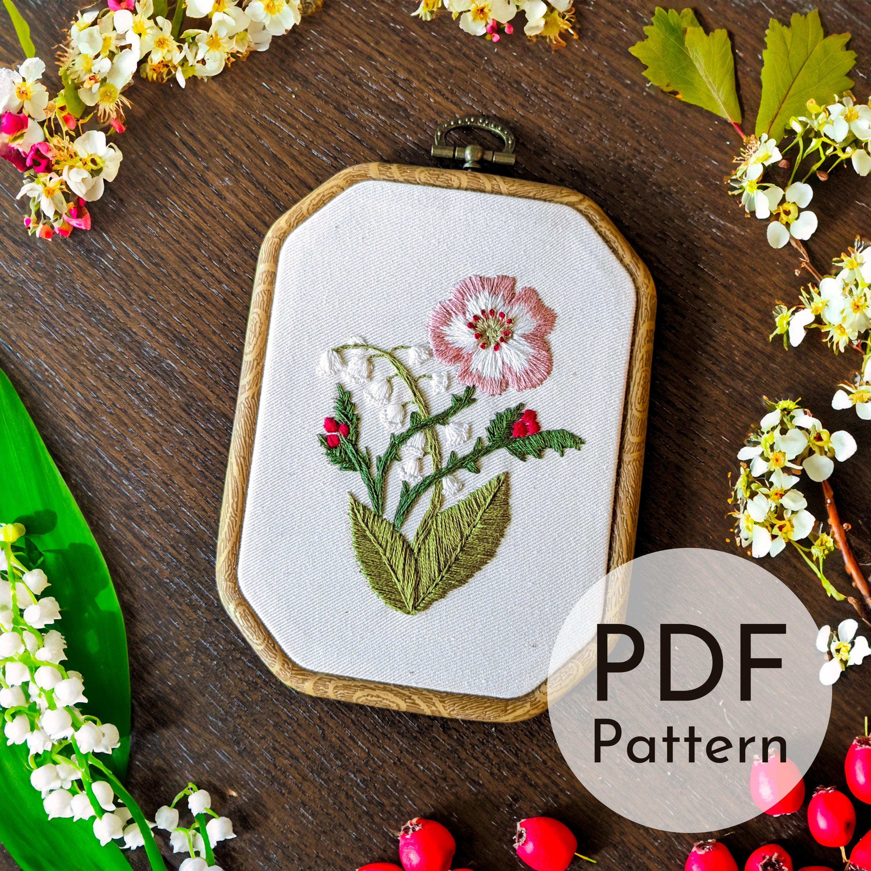 5月の誕生花の刺繍パターン デジタルダウンロード PDF 初心者向け刺繍