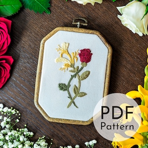 6 月 (バラとスイカズラ) 誕生花の刺繍パターン (デジタル ダウンロード PDF) 初心者向け夏の花の刺繍ガイド/チュートリアル