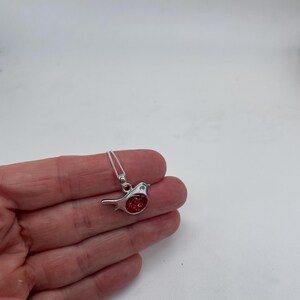 May include: A silver-colored bird pendant necklace with a red, textured center. The bird is small and detailed, with a delicate chain. The pendant is held in a hand against a white background.