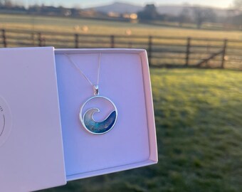 Ashes necklace, 925 Silver ocean wave, memorial jewellery, real sand jewellery