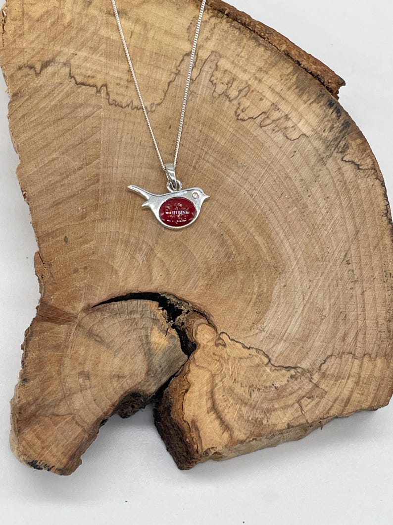 May include: A silver bird pendant necklace with a red center stone. The bird is perched on a silver chain. The necklace is displayed on a wooden surface.