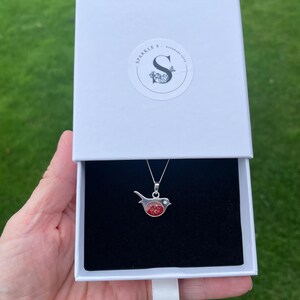 May include: A silver bird pendant necklace with a red and clear center, presented in a white gift box with the text "SPARKLE & HANDMADE GIFTS". The necklace is displayed against a black velvet interior.