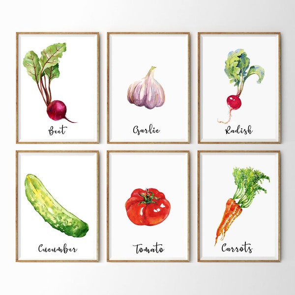 Vegetable Prints · Set of 10 · Vegetable Printables · Kitchen Printables · Watercolor Vegetable Set Wall Signs Art · Tomato Carrot Garlic ·