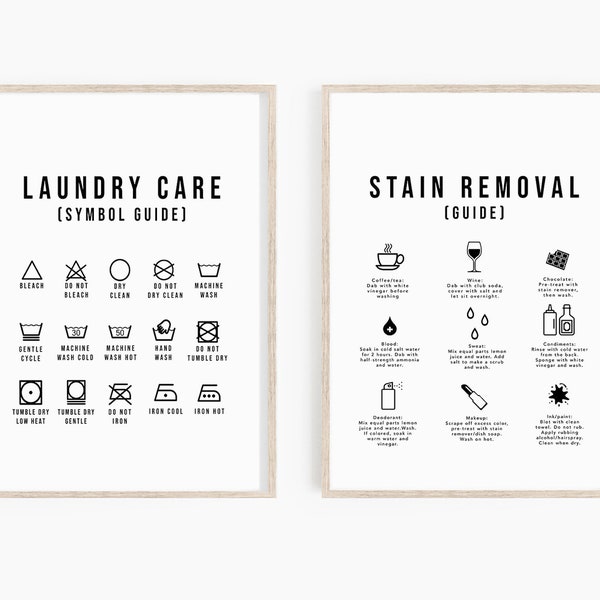 Laundry Guide 2 Print Set • Laundry Guide Sign • Printable Laundry Room Sign • Laundry Care Symbol Guide, Laundry Wall Art, Stain Removal