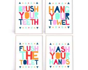 Bathroom Rules Printable Poster Set of 4 • Kids Bathroom Sign Wall Decor • Boy Girl Bathroom Art Prints • Download Digital Files