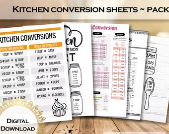 May include: Five printable kitchen conversion charts in different styles. The charts include conversions for cups to tablespoons, cups to ounces, pints to cups, quarts to cups, gallons to quarts, and pounds to ounces. The charts are designed for digital download.