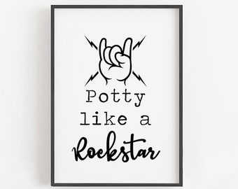 May include: Black and white printable wall art with a rock and roll hand gesture and the text "Potty like a Rockstar".