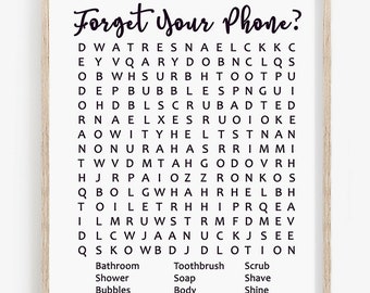 Forget Your Phone Bathroom Sign Printable Word Search • Forgot Your Phone Crossword • Bathroom Sign • Wall Art Decor Games • Digital Files