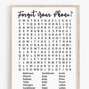 Forget Your Phone Bathroom Sign Printable Word Search • Forgot Your Phone Crossword • Bathroom Sign • Wall Art Decor Games • Digital Files
